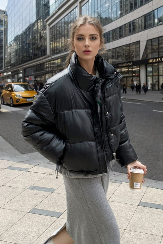 Cropped Faux Leather Insulated Puffer Jacket