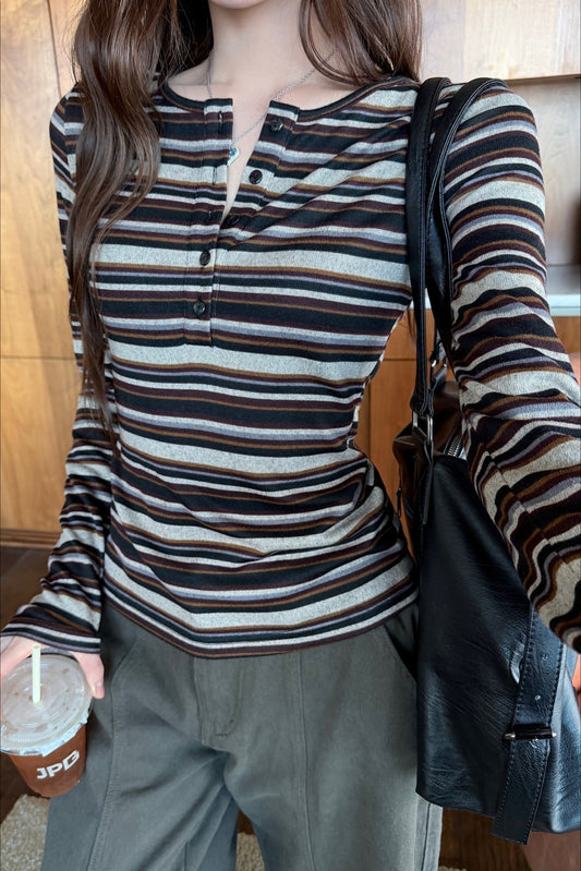 Striped Henley Neck Fitted Long Sleeve Tee
