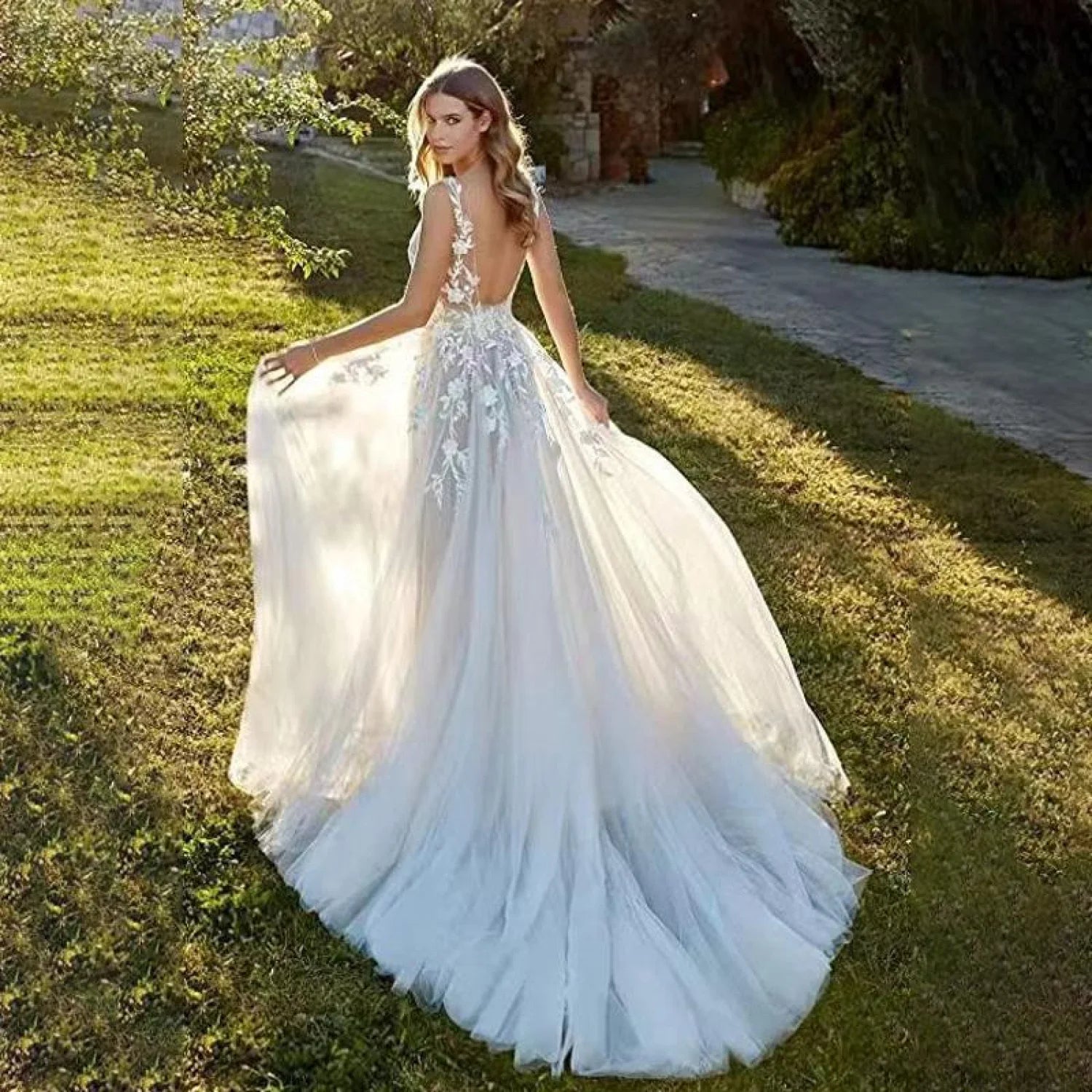 Backless Beach Sheer Tulle Wedding Dress white / 2 weddingdress-250223