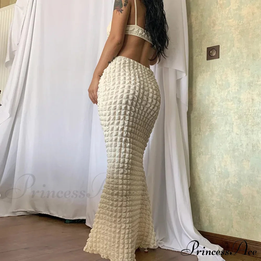 Backless Hollow Out Maxi For Women Popcorn Texture Knitted Bubble Waffle Spaghetti Straps Bodycon