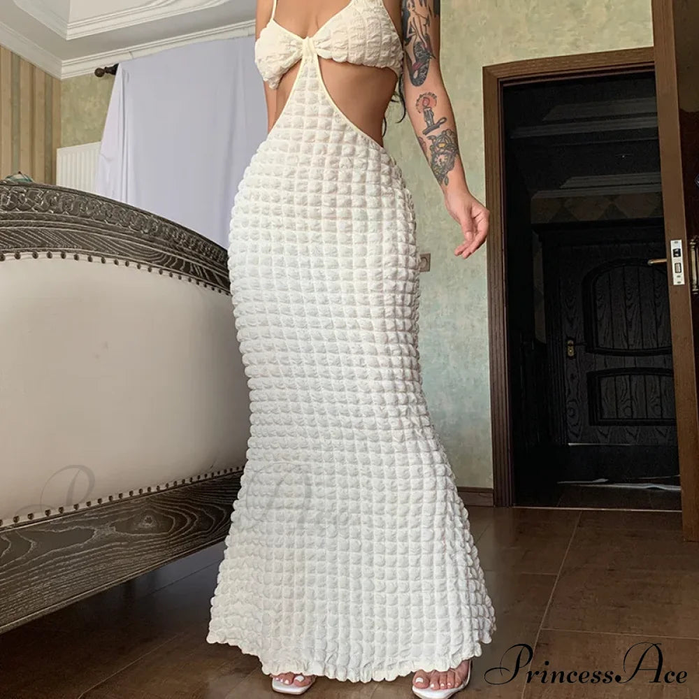 Backless Hollow Out Maxi For Women Popcorn Texture Knitted Bubble Waffle Spaghetti Straps Bodycon
