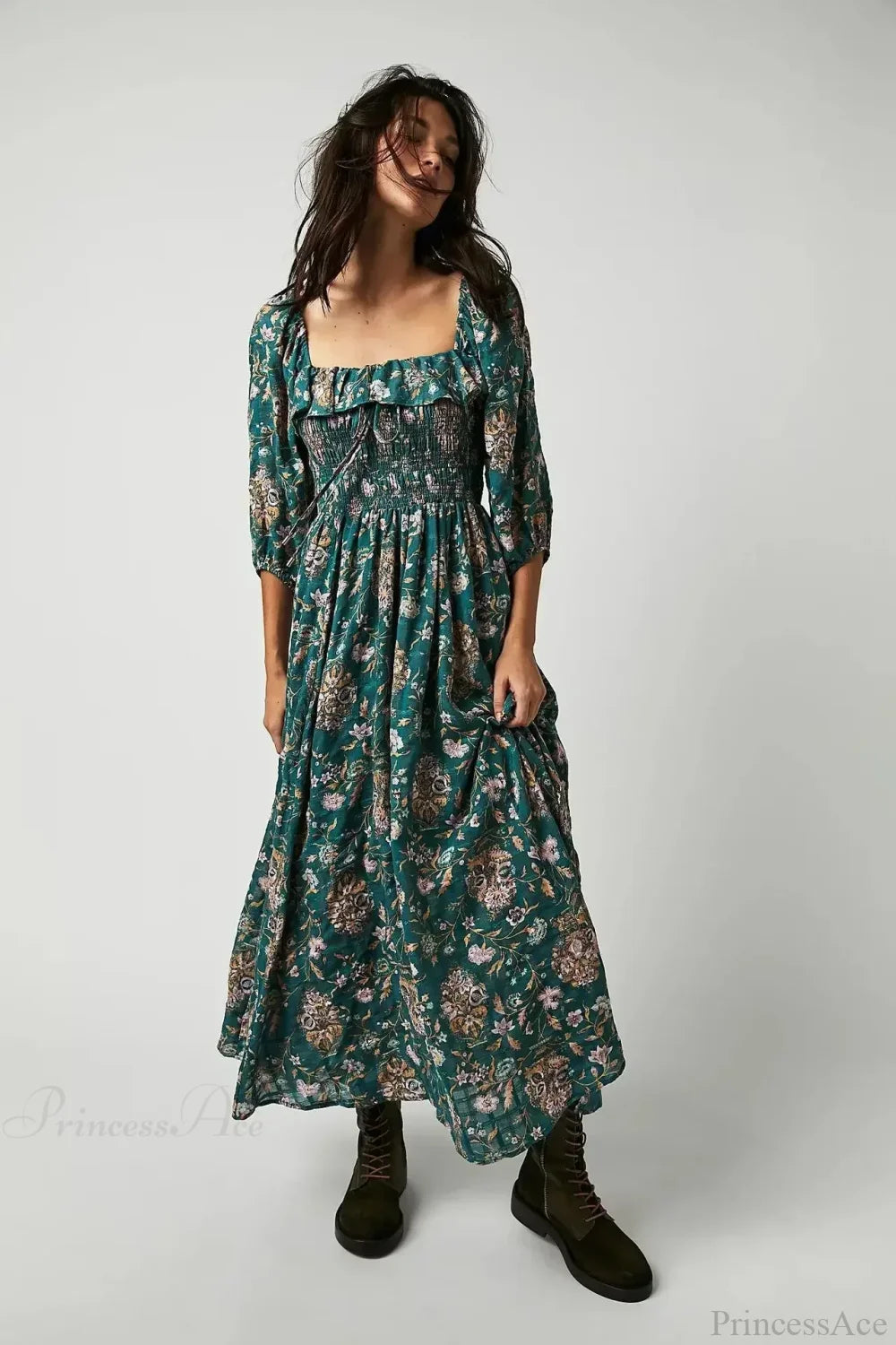 Backless Ruffled Hem Printing Midi Boho Dress Green / S bohodress-250126