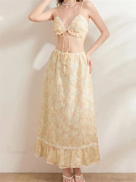 Backless Tie-up Camisoles Crop Top with Long Skirts Set skirt-250126