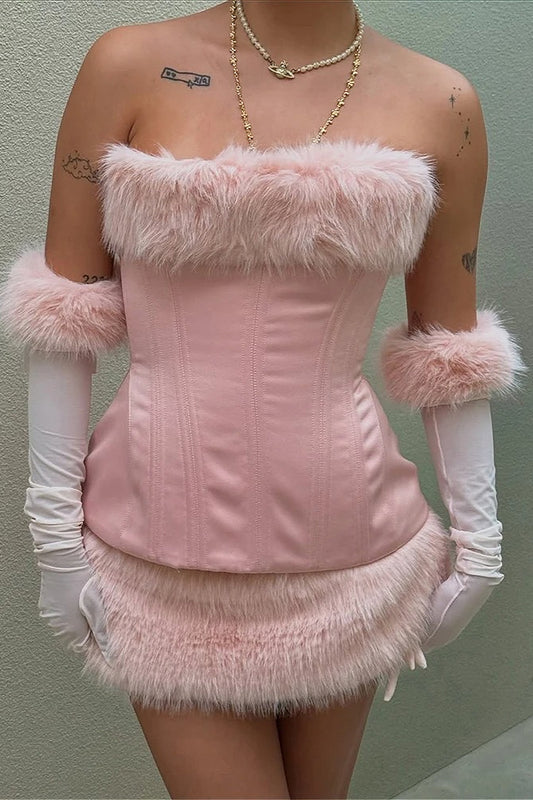 Solid Fuzzy Paneled Tie Waist Sexy Mini Dress