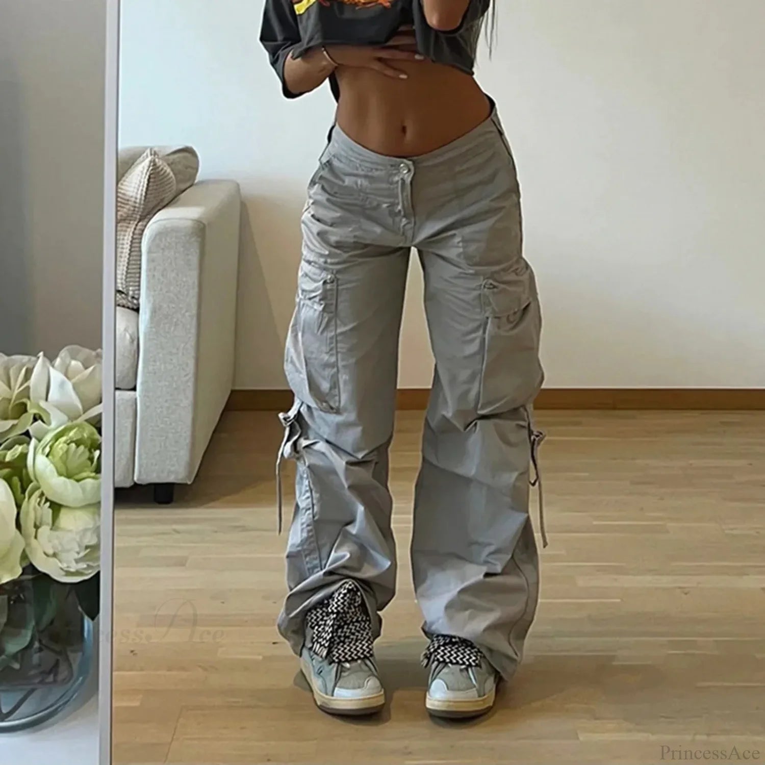 Baggy Cargo Drawstring Wide Leg Pants Grey / S