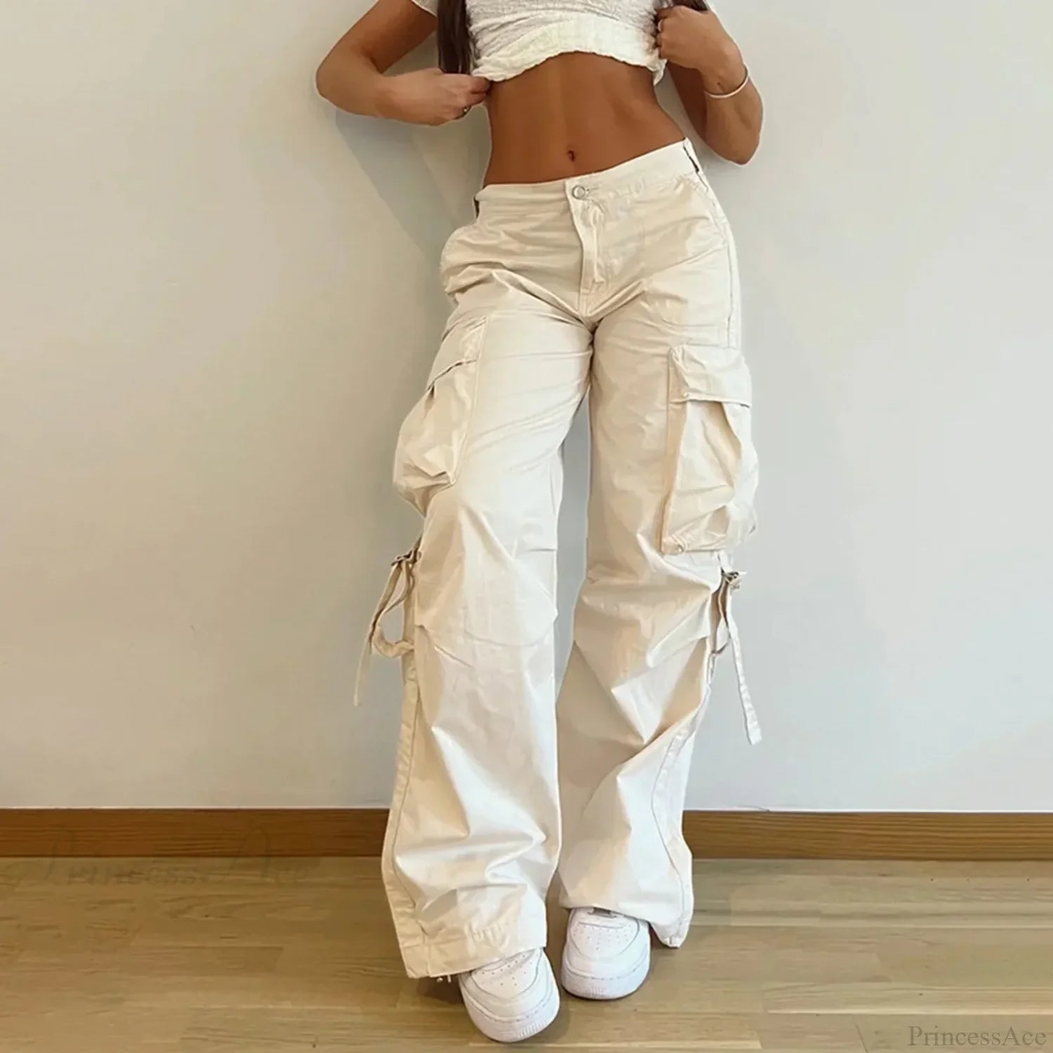 Baggy Cargo Drawstring Wide Leg Pants White / S