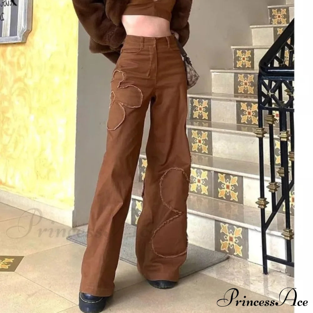 Baggy Jeans 90S Brown Women Vintage Streetwear Khaki-Patchwork / S Straight