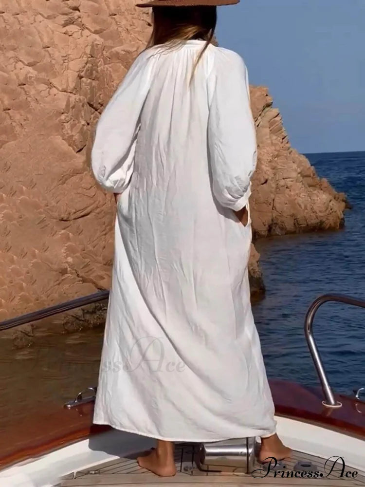 Balloon Sleeve Button Pocketed Graceful Loose Shirt Maxi Dress Dresses