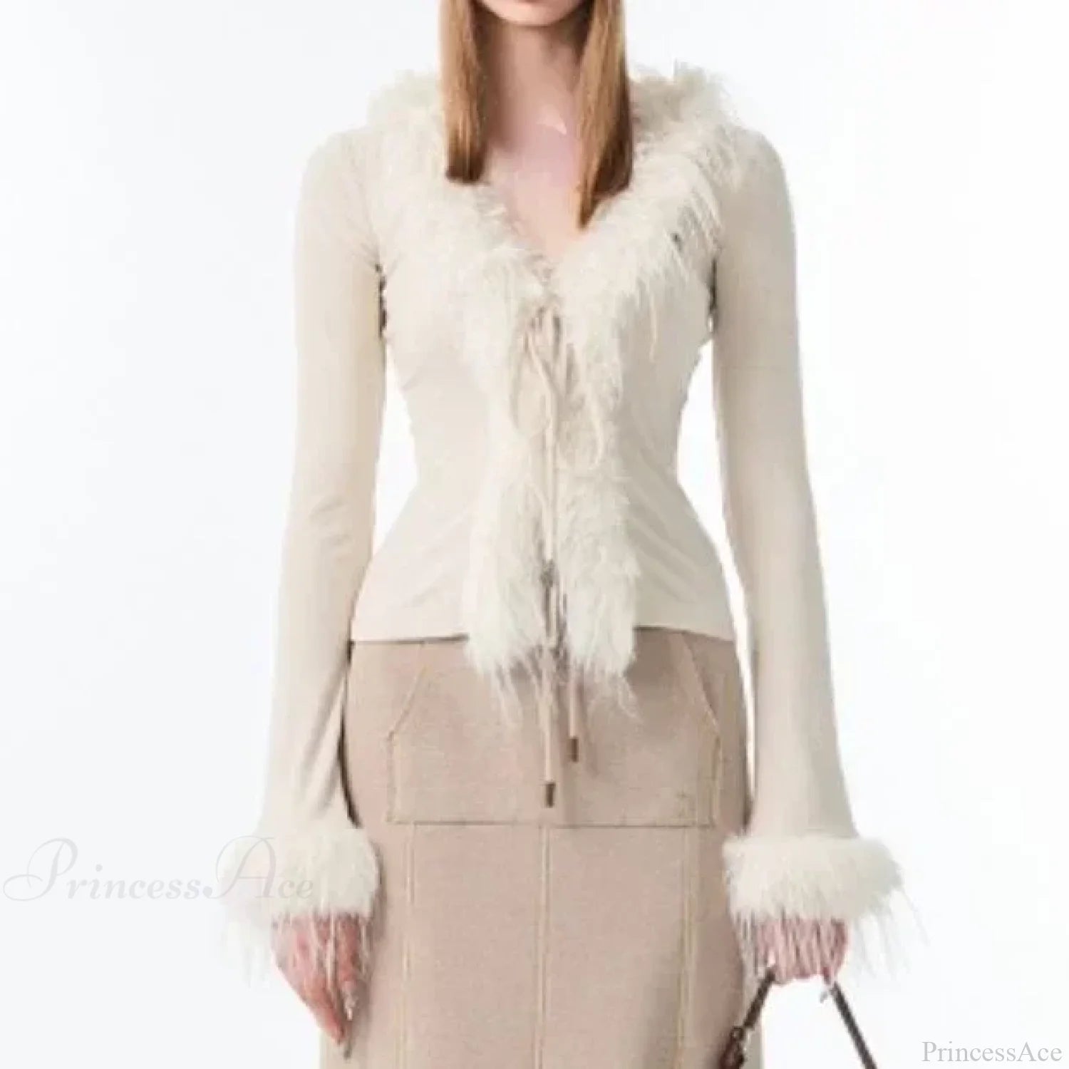 Bandage Fur Patchwork V-Neck Cardigan creamy-white / XS