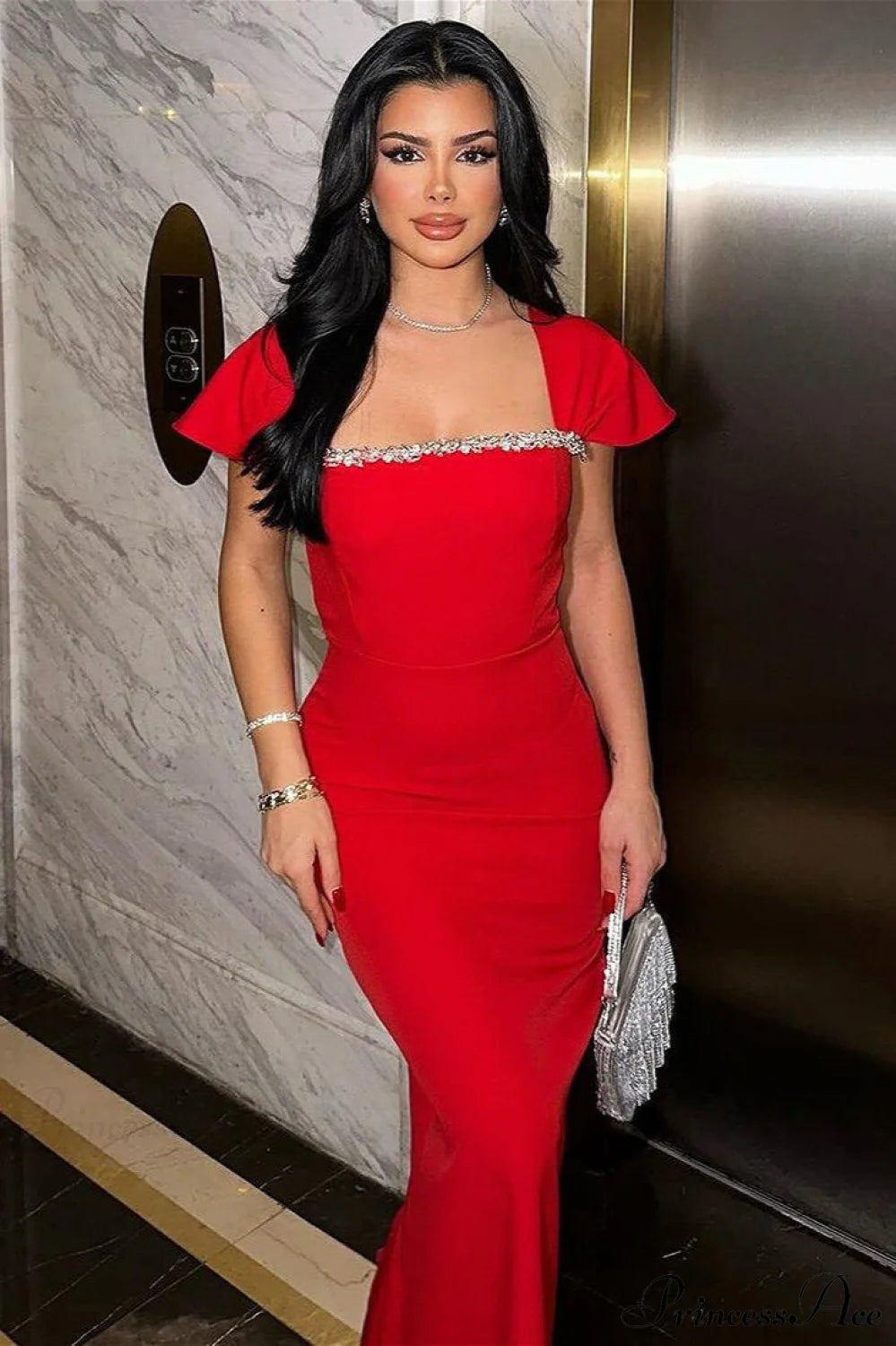 Bandage Rhinestone Square Neck Raglan Sleeve Party Dress Red / XS