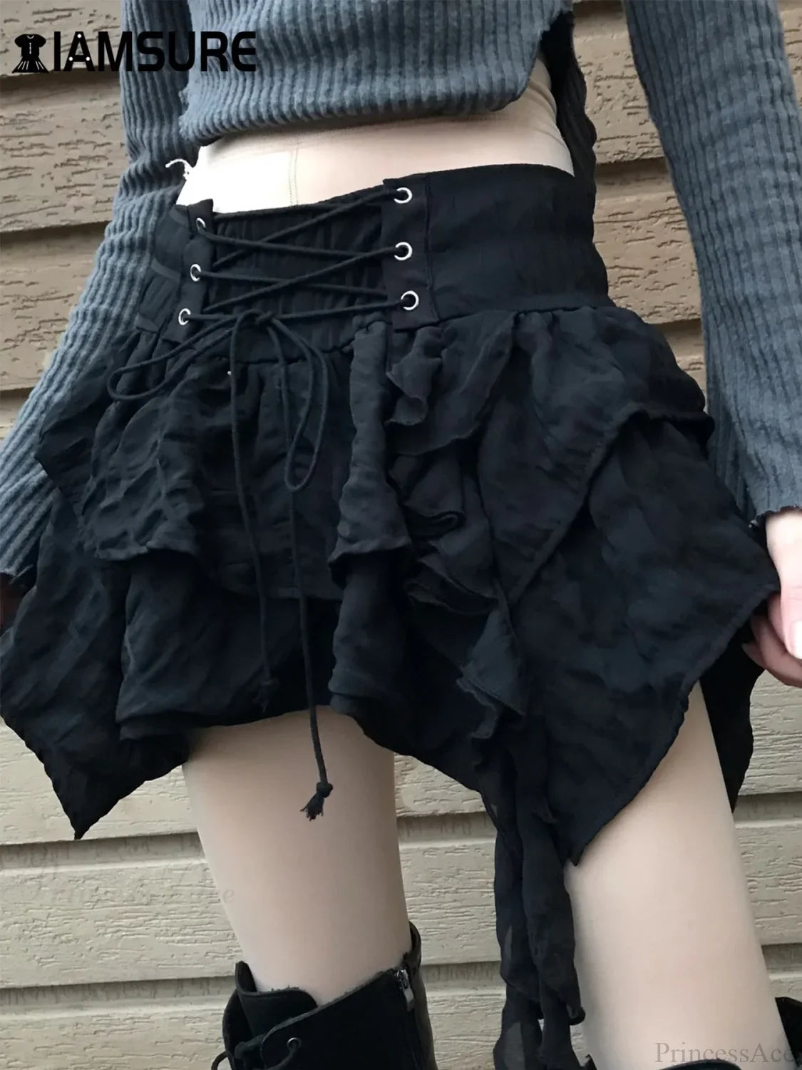 Bandage Ruffles A-line Skirt Black / S