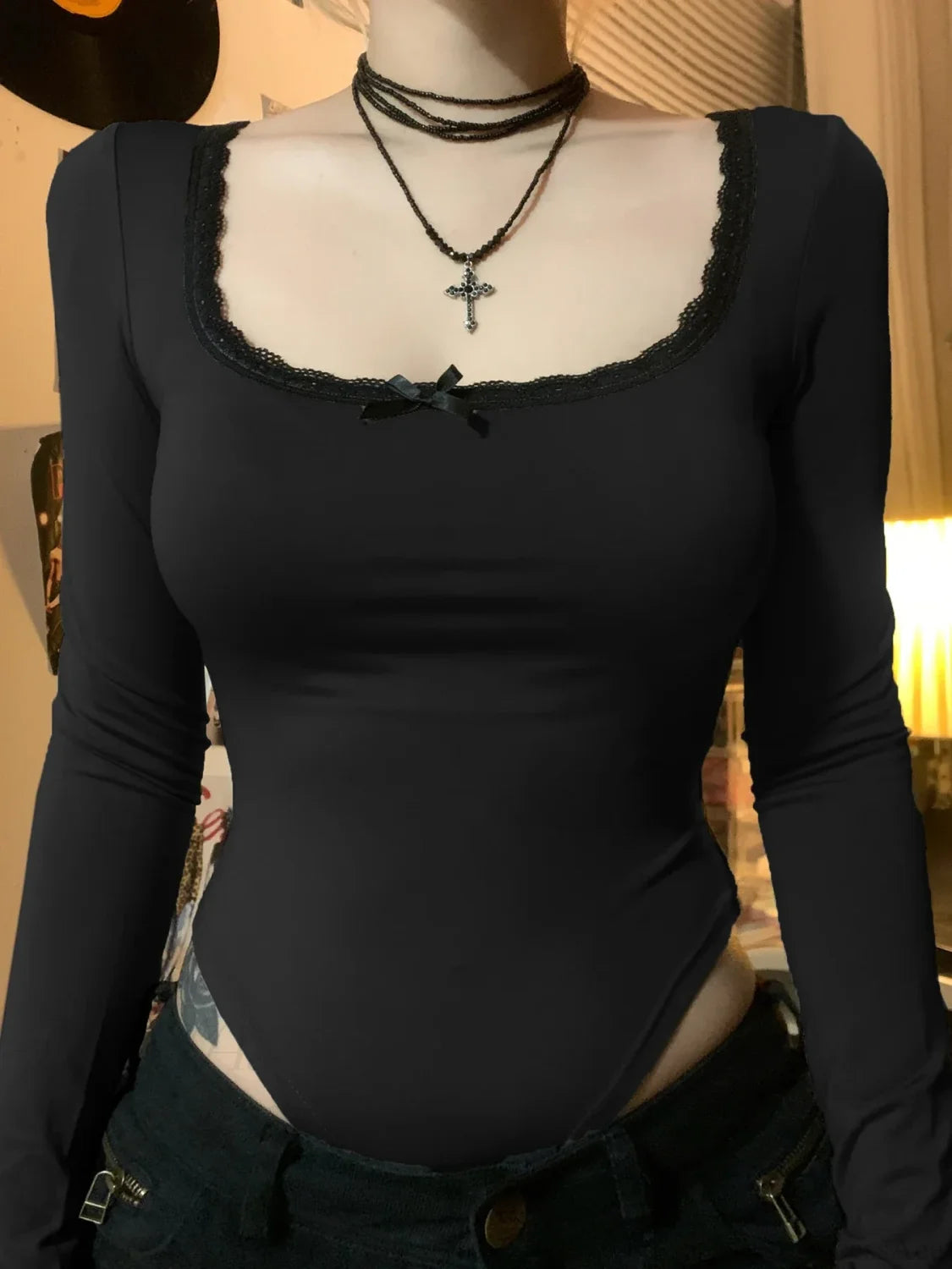 Basic Lace Trim Casual Slim Square Collar Knit Top Black / S knittop-250126