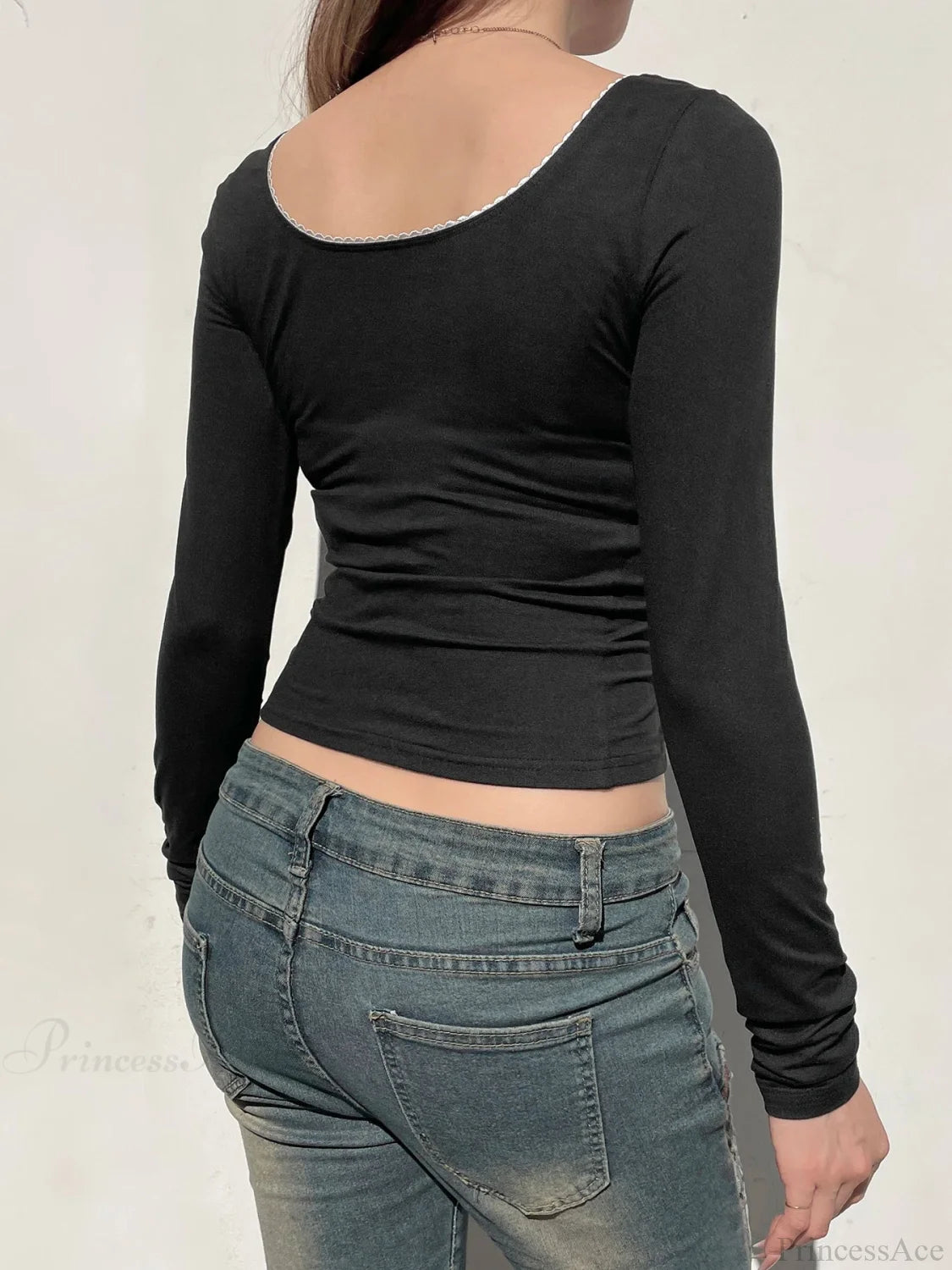 Basic Lace Trim Slim Square Collar Long Sleeve Knit Top knittop-250126