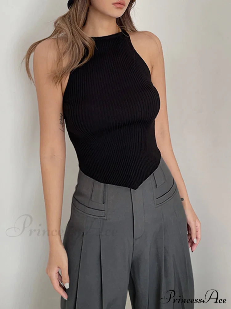 Basic Ribbed Graceful Sweater Vest Black / S Sweaters-L