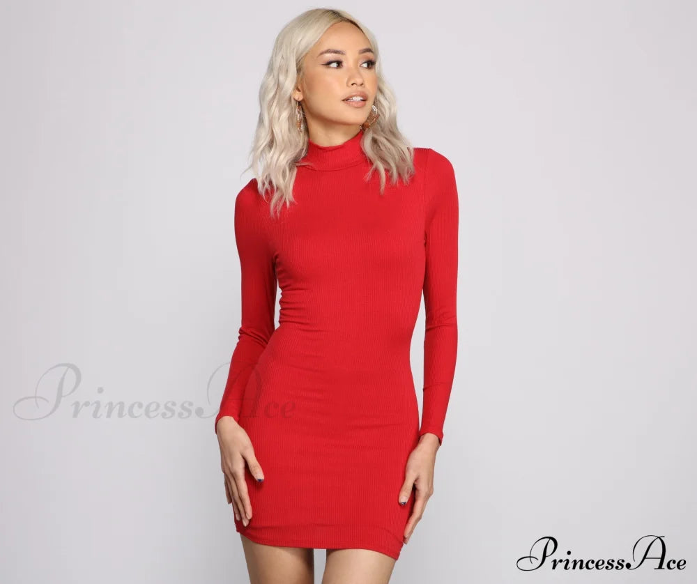 Basic Ribbed Knit Long Sleeve Mini Dress - Lady Occasions