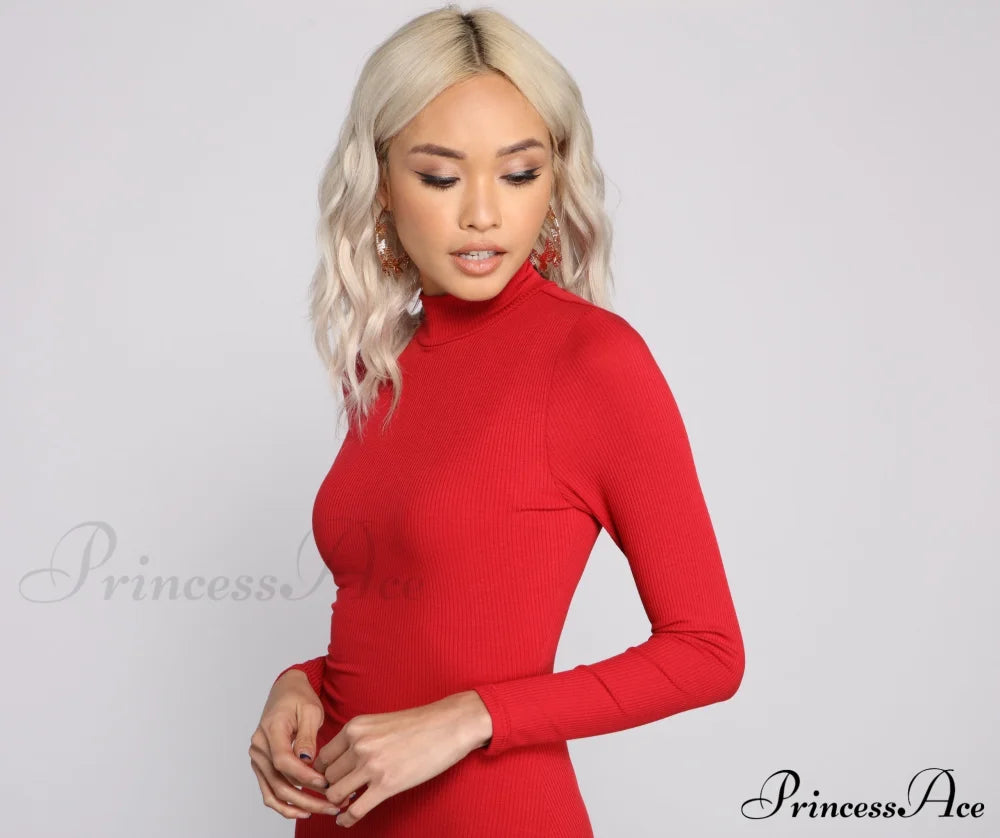Basic Ribbed Knit Charming Long Sleeve Mini Dress T-Shirts