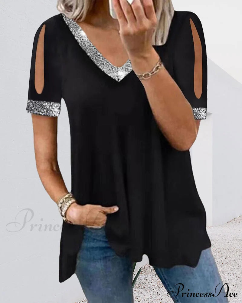 Solid V neck t-shirt Black 23BF clothes Short Sleeve Tops T-shirts Tops/Blouses