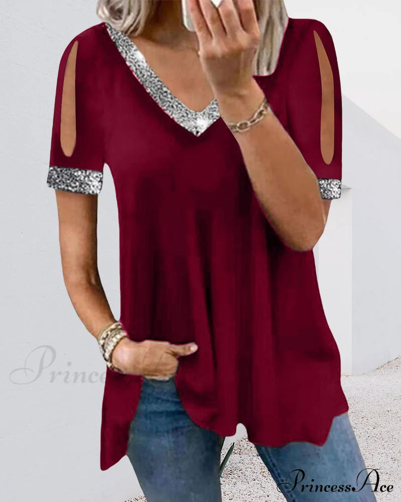 Solid V neck t-shirt Claret 23BF clothes Short Sleeve Tops T-shirts Tops/Blouses