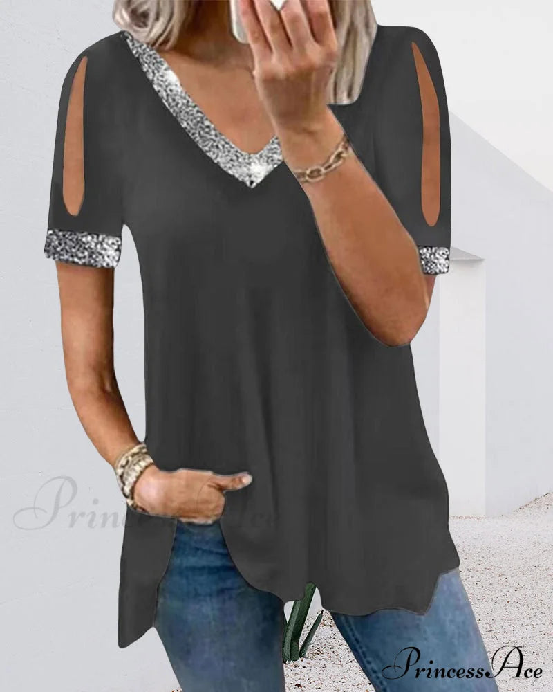 Solid V neck t-shirt Dark gray 23BF clothes Short Sleeve Tops T-shirts Tops/Blouses