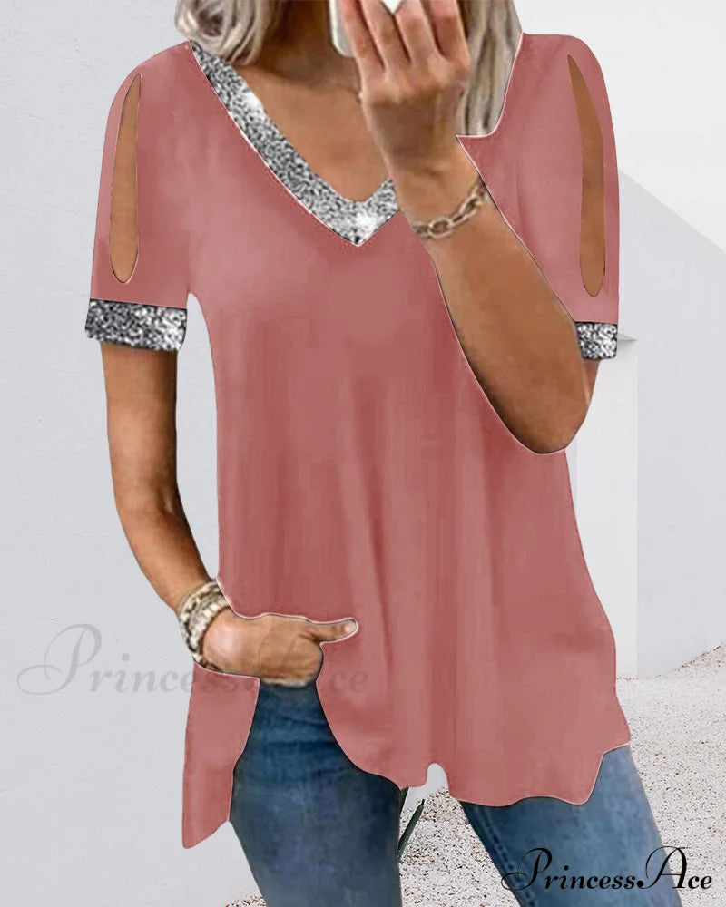 Solid V neck t-shirt Pink 23BF clothes Short Sleeve Tops T-shirts Tops/Blouses