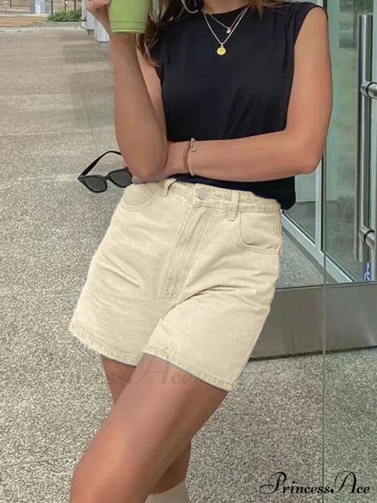 Basic Wash Straight Trendy Leg Boyfriend Jeans Camel / S Denim Shorts