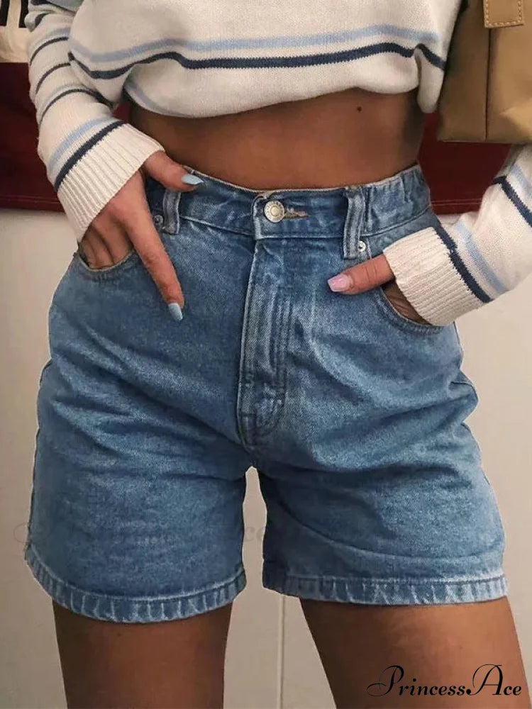 Basic Wash Straight Trendy Leg Boyfriend Jeans Navy Blue / S Denim Shorts