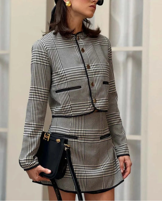 Ensemble deux pièces mini-bureau noir à imprimé col rond et poches