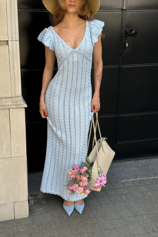 Robe bohème dos nu en tricot à volants et col en V