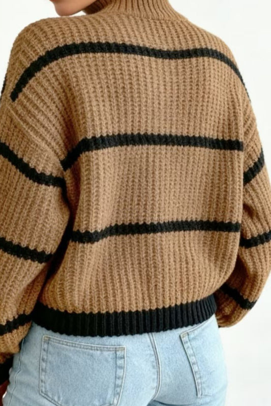 Contrast Stripe Turtleneck Relaxed Knit Sweater