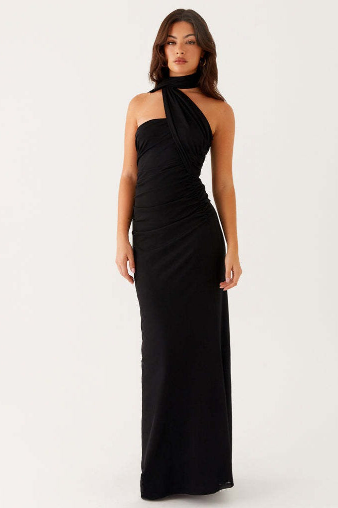 Tie Dye Mesh Spaghetti Strap Maxi Party Dress Black / S