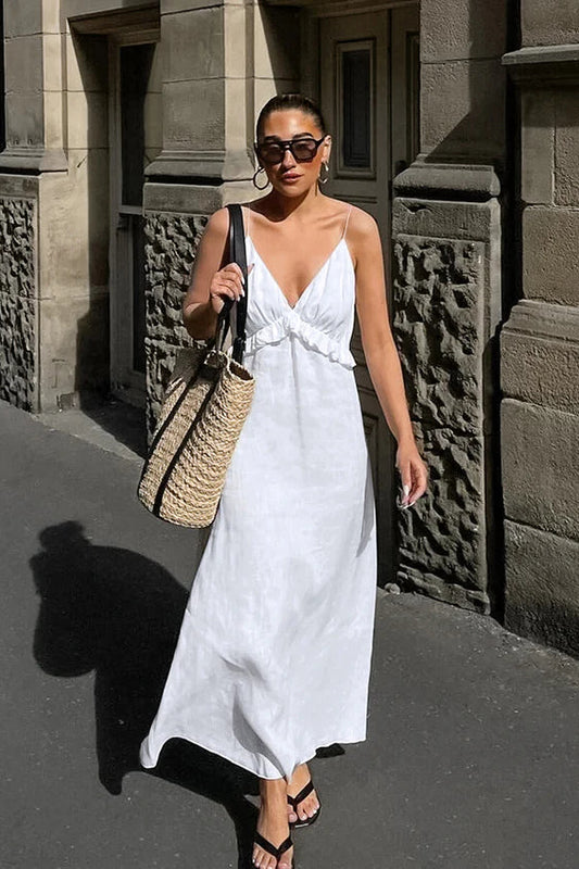 Robe longue ample sexy en coton et lin blanc à volants et col en V