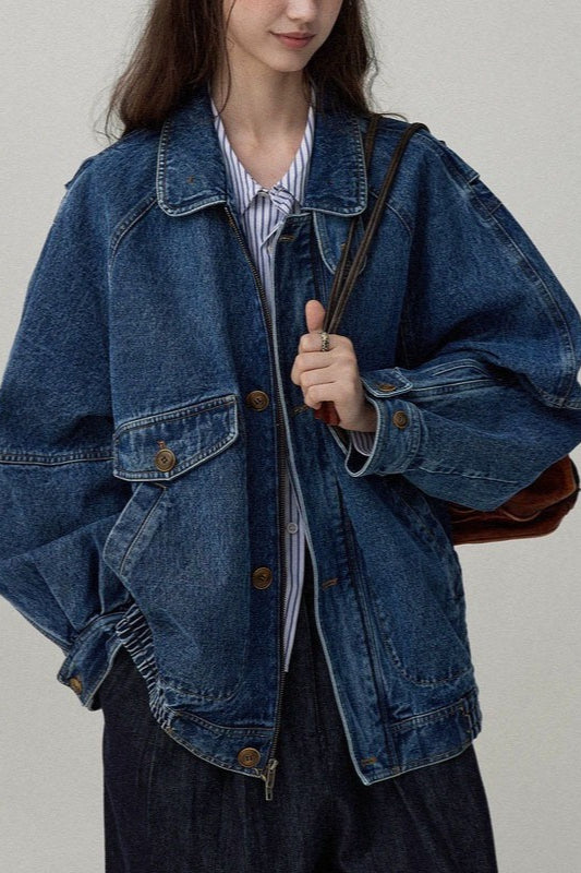 Stand Collar Washed Denim Utility Jacket S / Blue