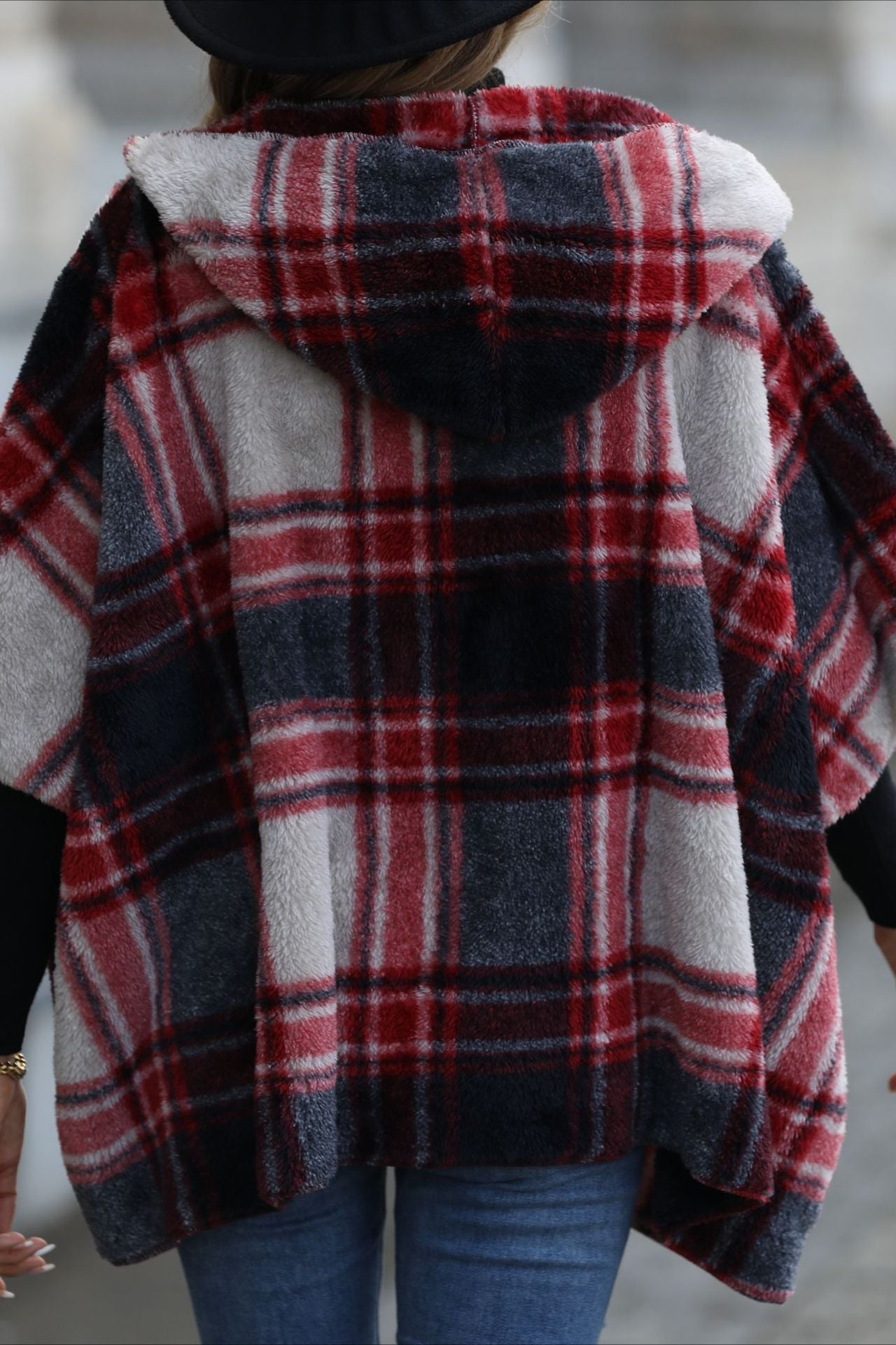 Fuzzy Plaid Hooded Short Sleeve Coat coats