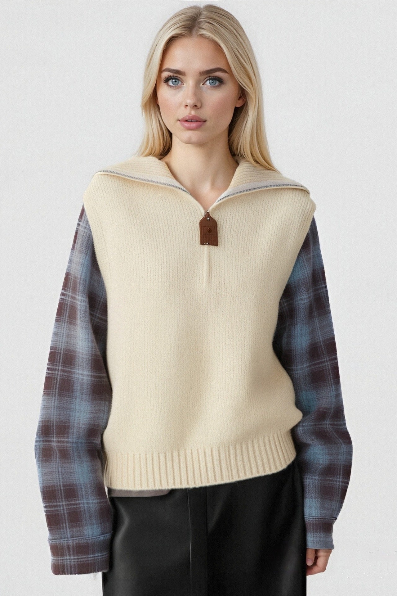 Fake Two Piece Plaid Contrast Half Zip Collared Sweater Beige / One Size