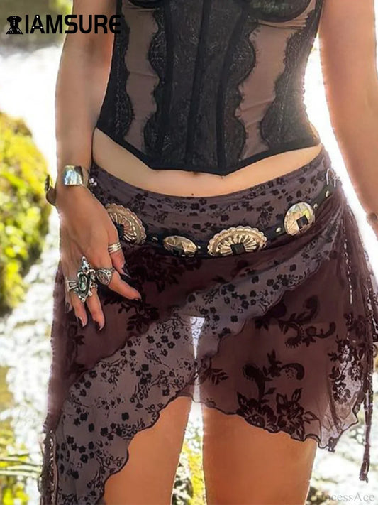 Beach Asymmetrical Floral Skirt Brown / S