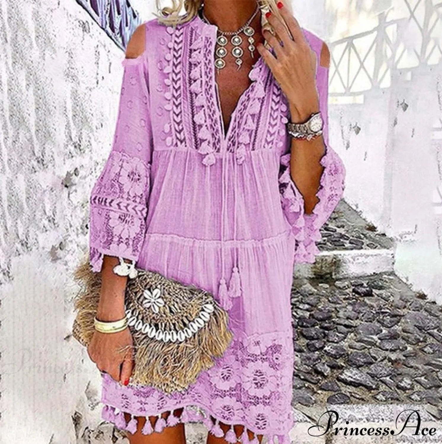 Beach Mini Dress With 3/4 Sleeves S / Khaki Lace Boho Dress