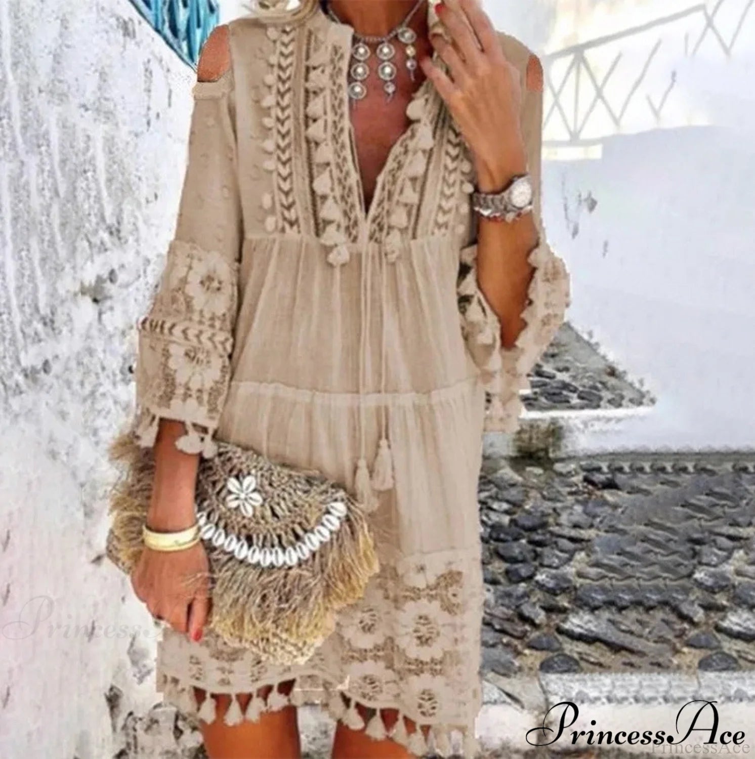 Beach Mini Dress With 3/4 Sleeves S / Pink Lace Boho Dress
