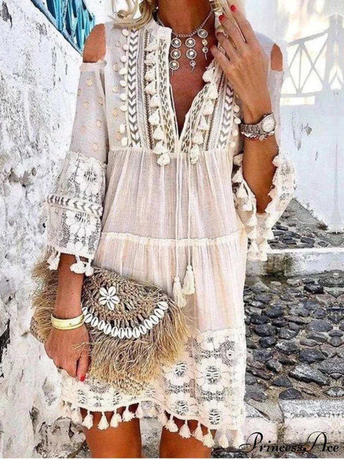Beach Mini Dress With 3/4 Sleeves S / White Lace Boho Dress