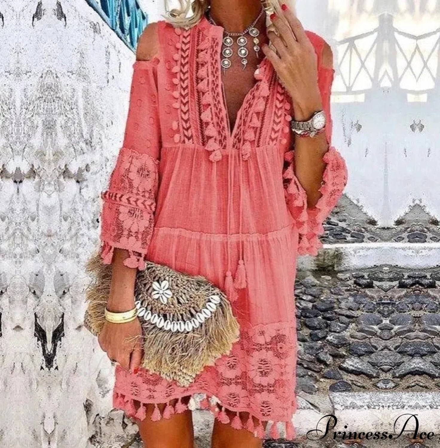 Beach Mini Dress With 3/4 Sleeves S / Yellow Lace Boho Dress