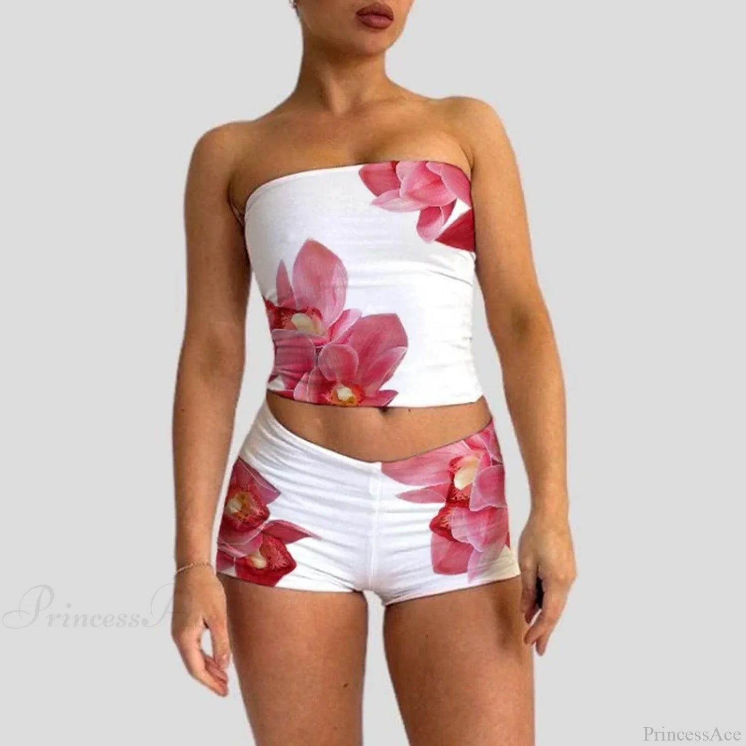 Beach Vacation Lounge Oufits 2 Pice Set Flower Print Strapless Crop Tube Tops Bandeau + Skinny Mini Skirt Wrap Bodycon