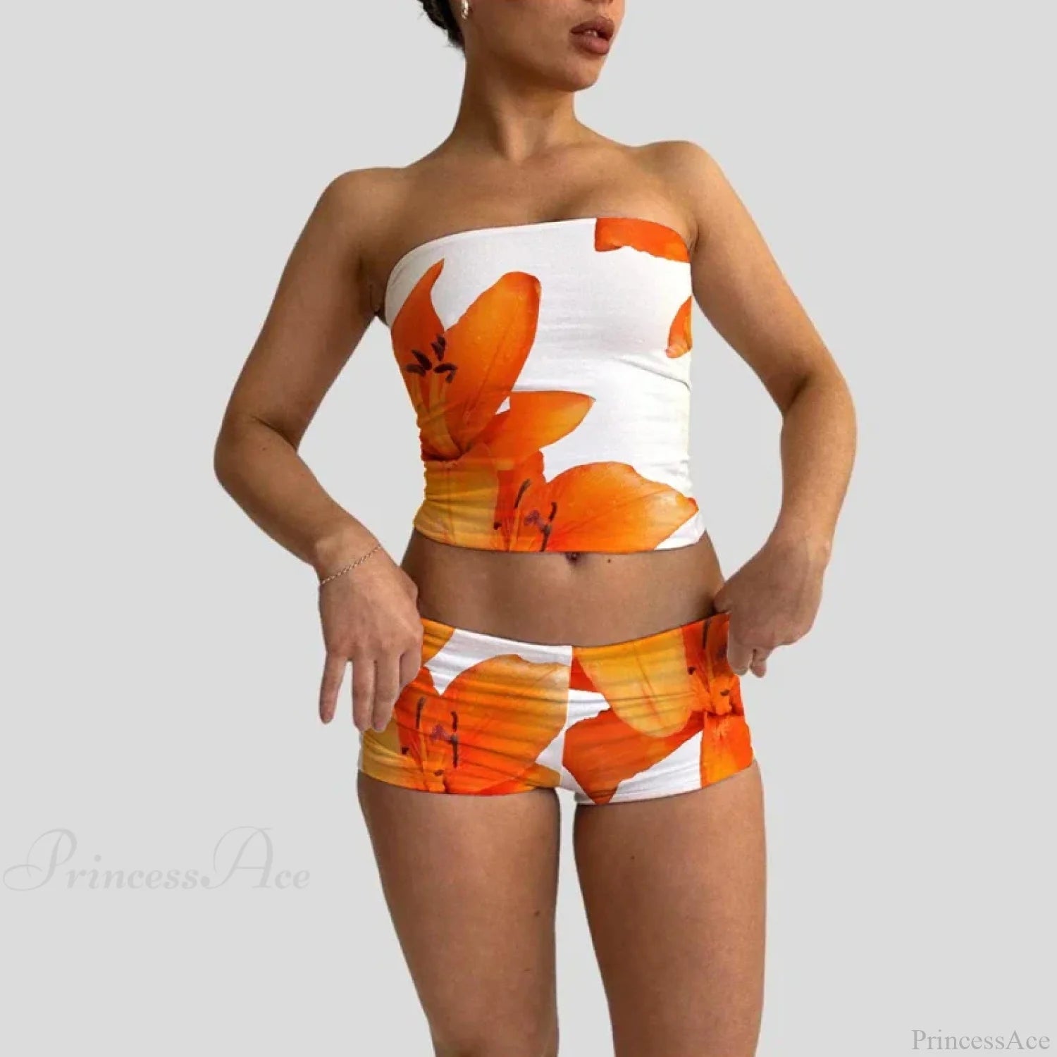 Beach Vacation Lounge Oufits 2 Pice Set Flower Print Strapless Crop Tube Tops Bandeau + Skinny Mini Skirt Wrap Bodycon