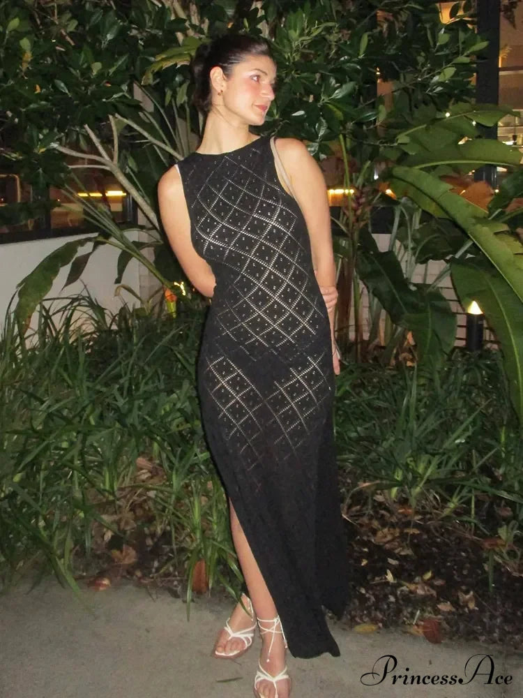 Beachwear Out Knitted Sleeveless Slit Tank Maxi Dress Black / S