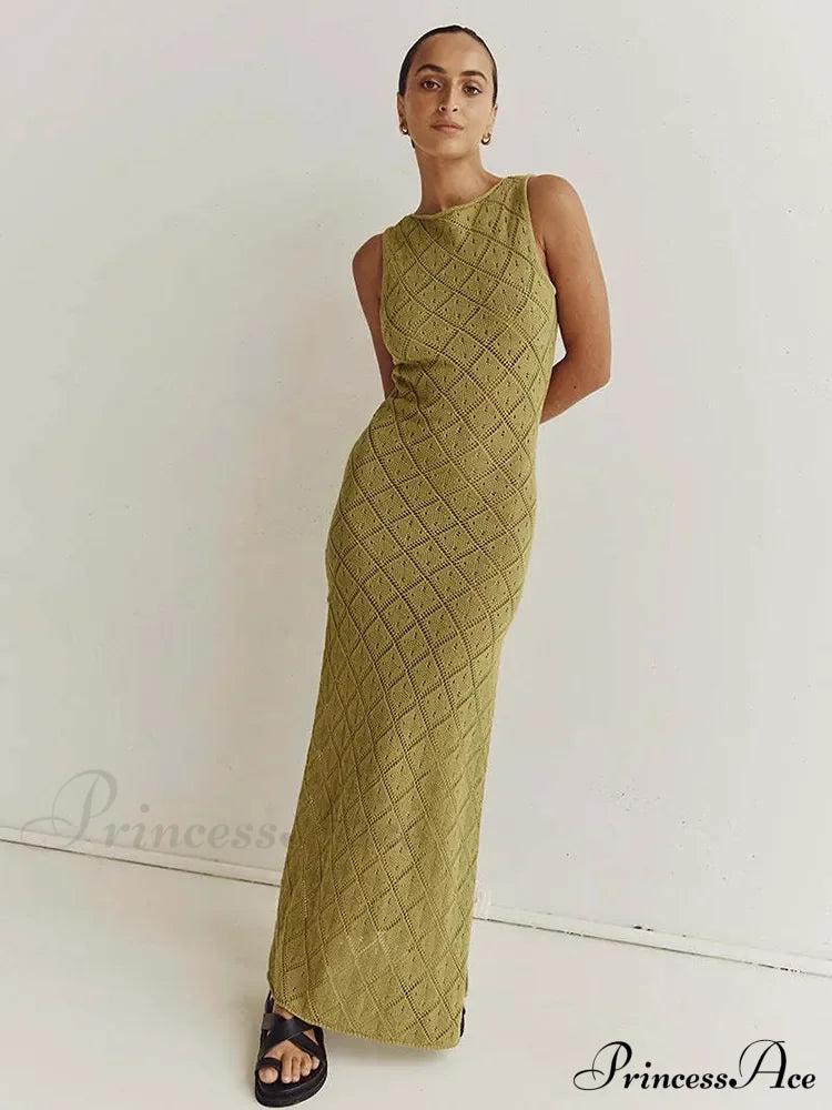 Beachwear Out Knitted Sleeveless Slit Tank Maxi Dress Green / S