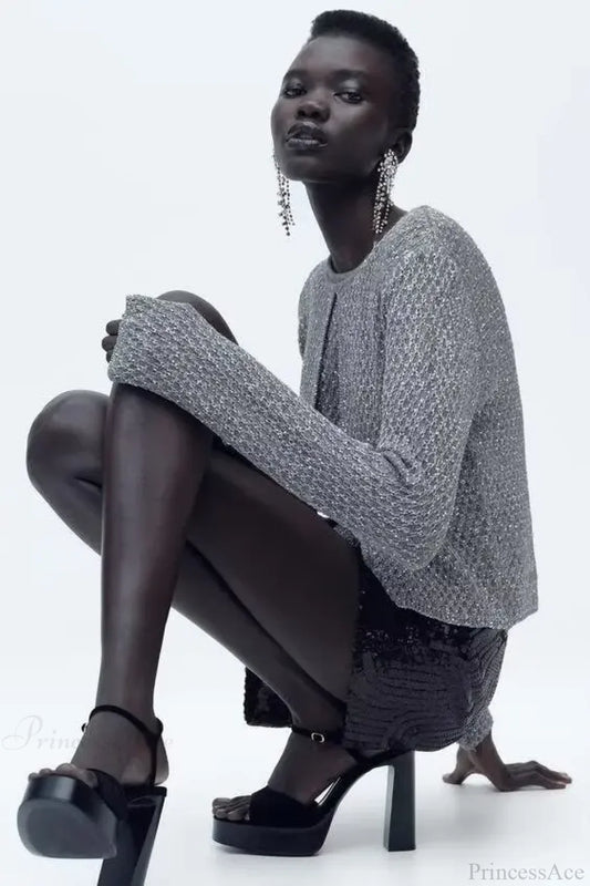 Bead Decoration Metal Thread Knitted Cardigan Silver / S