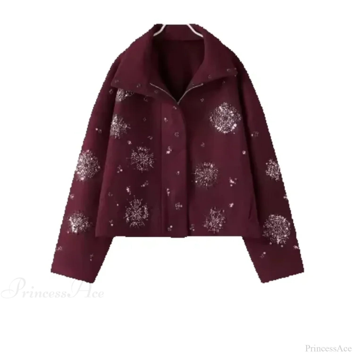 Beaded Flower Sequin Stand Collar Overcoat Red / XS