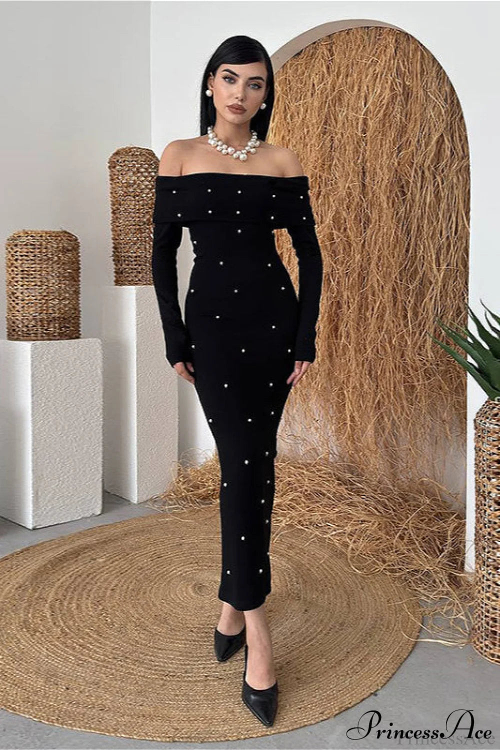 Beaded Off Shoulder Backless Long Party Dress Black / S