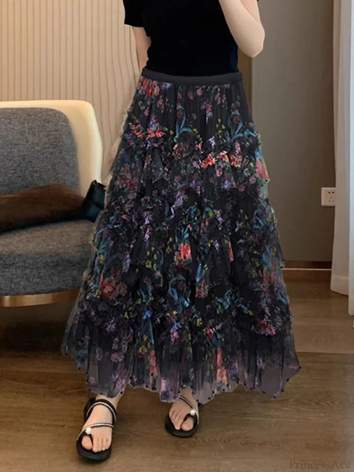 Beading Elegant Asymmetrical Mesh Tulle Skirt Black / One Size skirt-250126