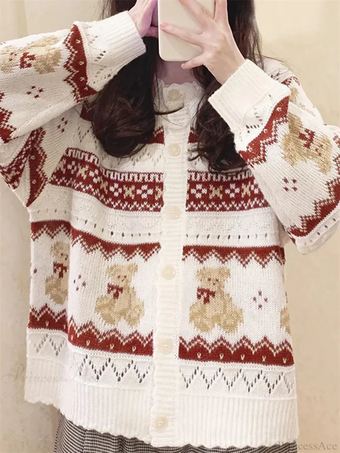 Bear Print Long Sleeve Button-Down Cardigan