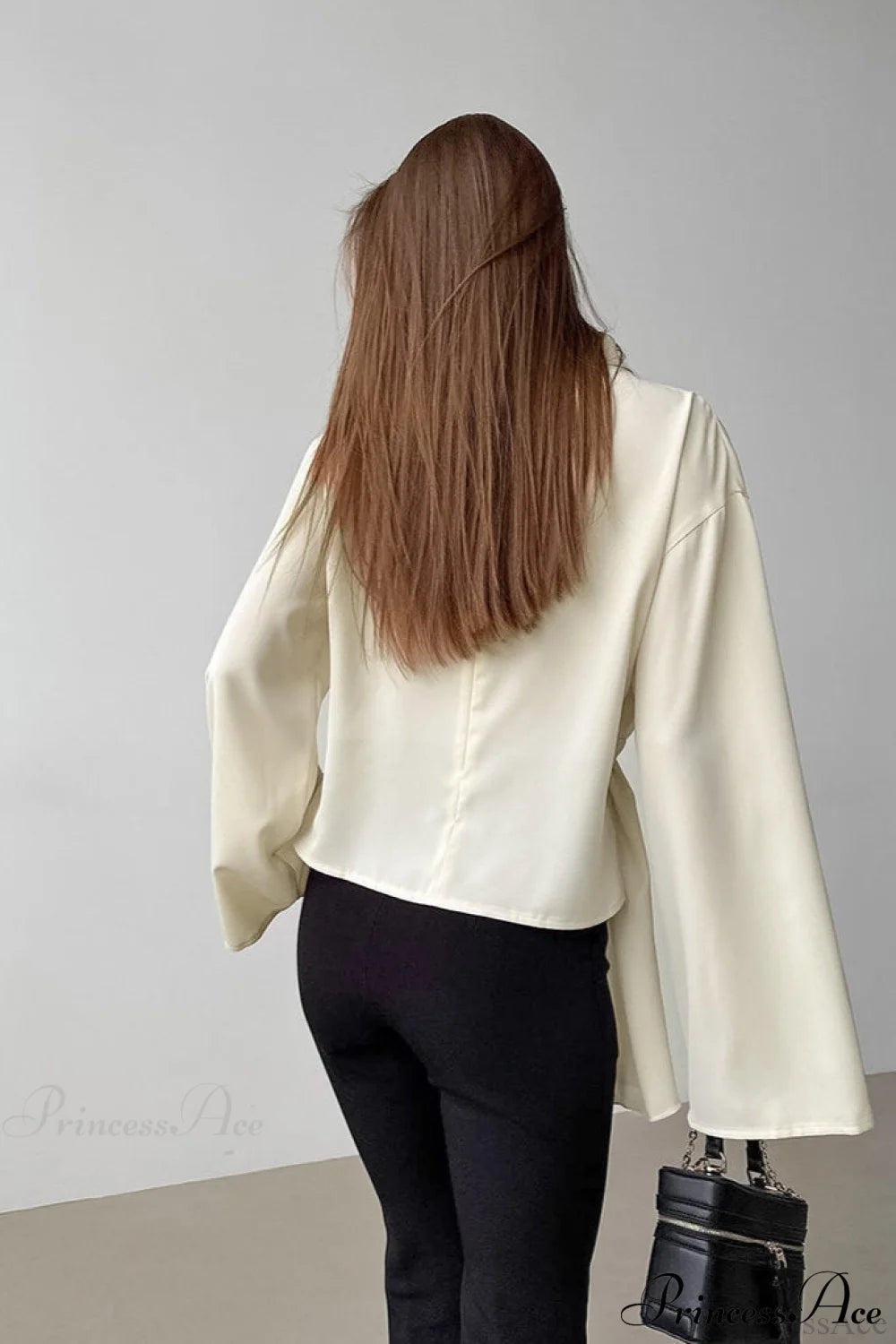 Beige Chiffon Tie Waist Flared Sleeve Blouse