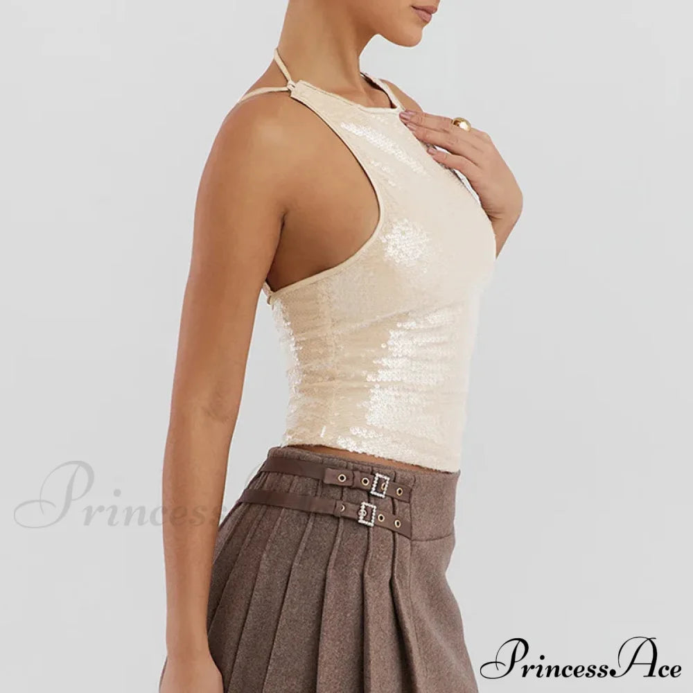 Beige Sequin Stylish Tank Top